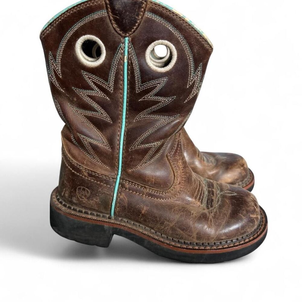 Ariat Kids Size 12 Western Cowboy Boots Brown Leather Turquoise Square Toe